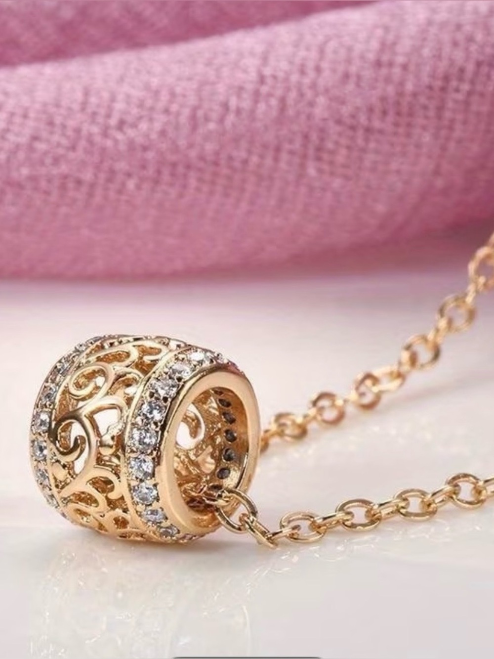 Delicate Gold Filigree Barrel Pendant Necklace